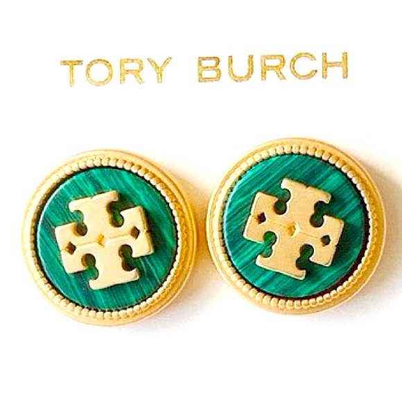 Tory Burch semiprecious green round button stud logo earrings - Picture 3 of 9